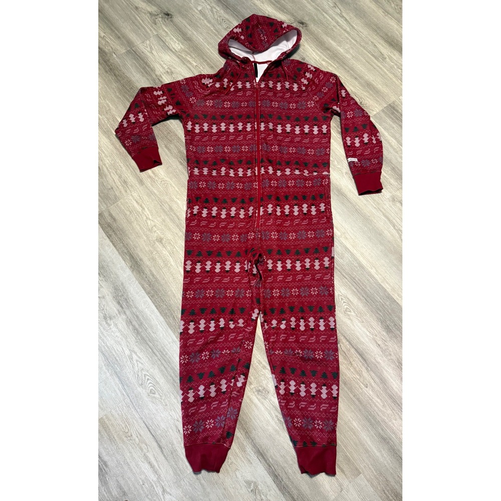 Fabletics Women's Red Holiday Snowman Tree Snowflake Hooded‎ Pajama Jumpsuit XL